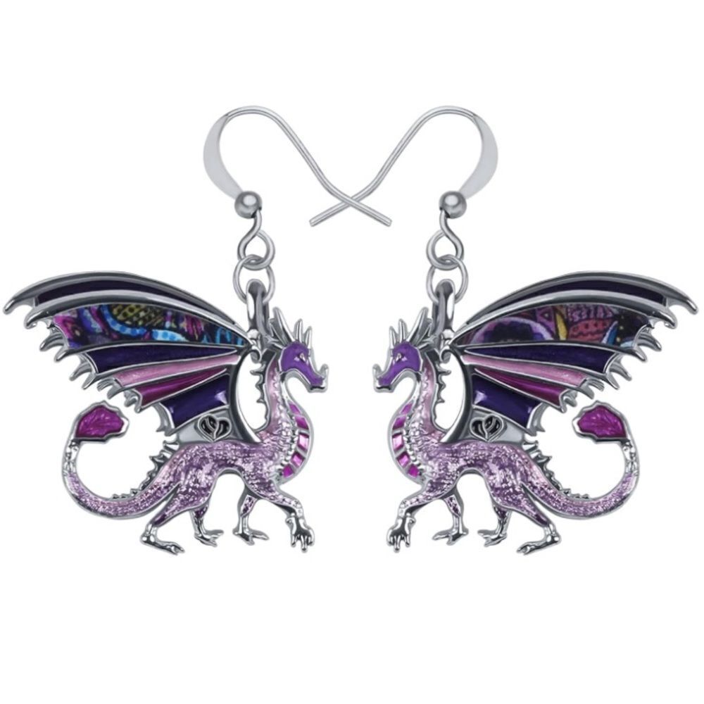 Silver and Multicolor Enamel Mythical Dragon Dangling French Wire Hook Earrings